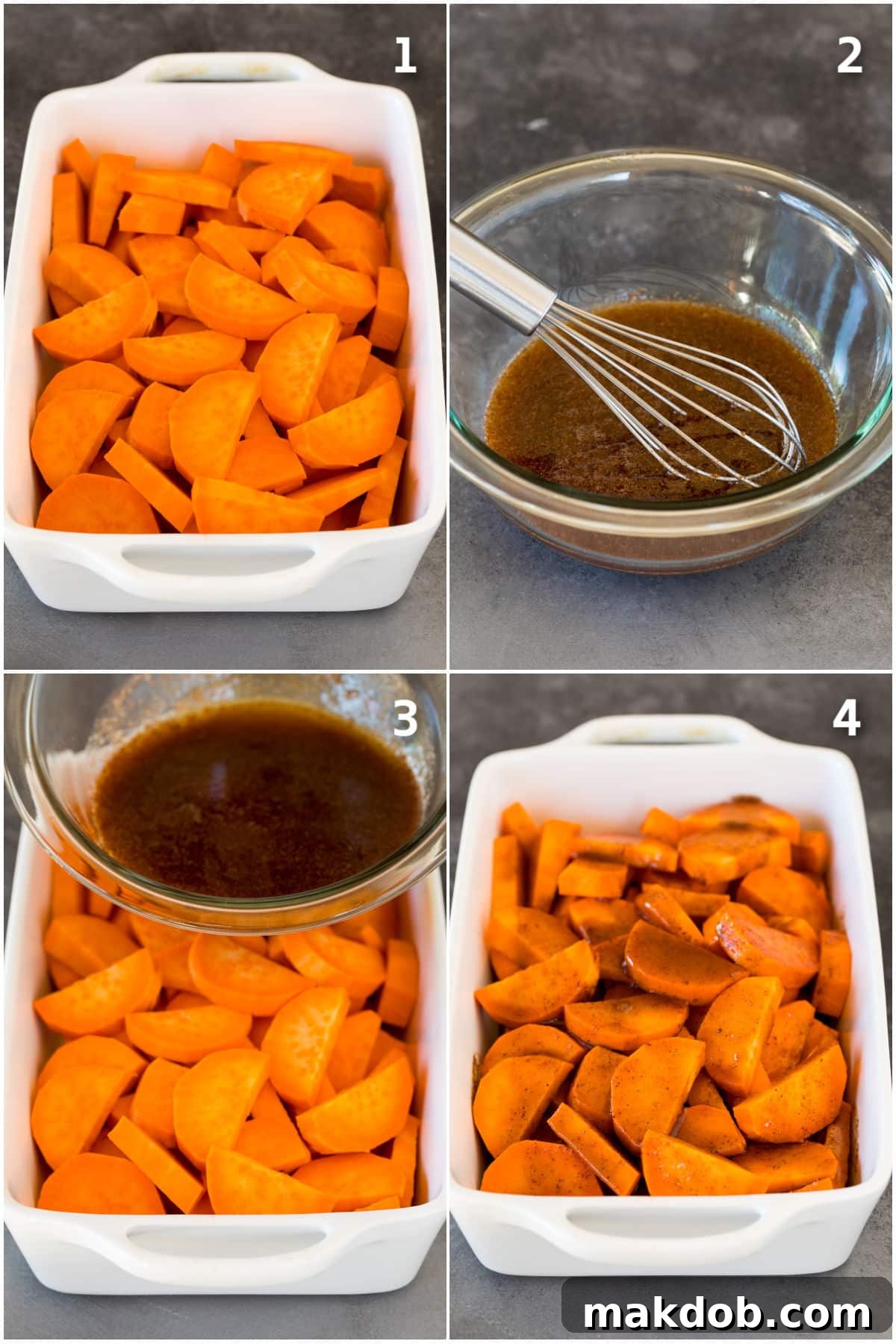 Sweet Potato Candies 4 A visual step-by-step process collage demonstrating how to prepare and bake candied sweet potatoes, from mixing ingredients to roasting.