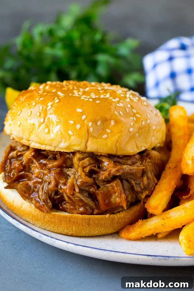 Slow Cooker Pulled Pork Recipe | Crock Pot Pulled Pork #pork #pulledpork #crockpot #slowcooker #dinner #dinneratthezoo Slow cooker pulled pork on a hamburger bun, served with french fries.