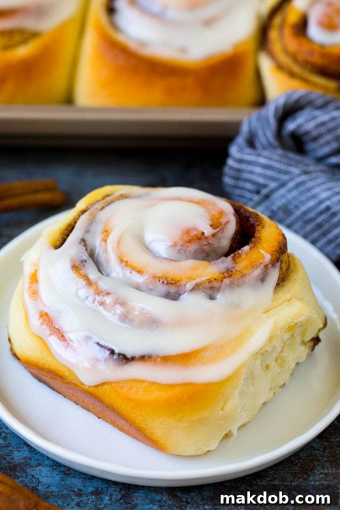 Cinnamon Rolls Recipe | Cinnamon Buns #cinnamon #rolls #pastry #breakfast #brunch #sweets #dinneratthezoo #baking #bread A perfectly frosted cinnamon bun on a white serving plate, ready to be enjoyed.