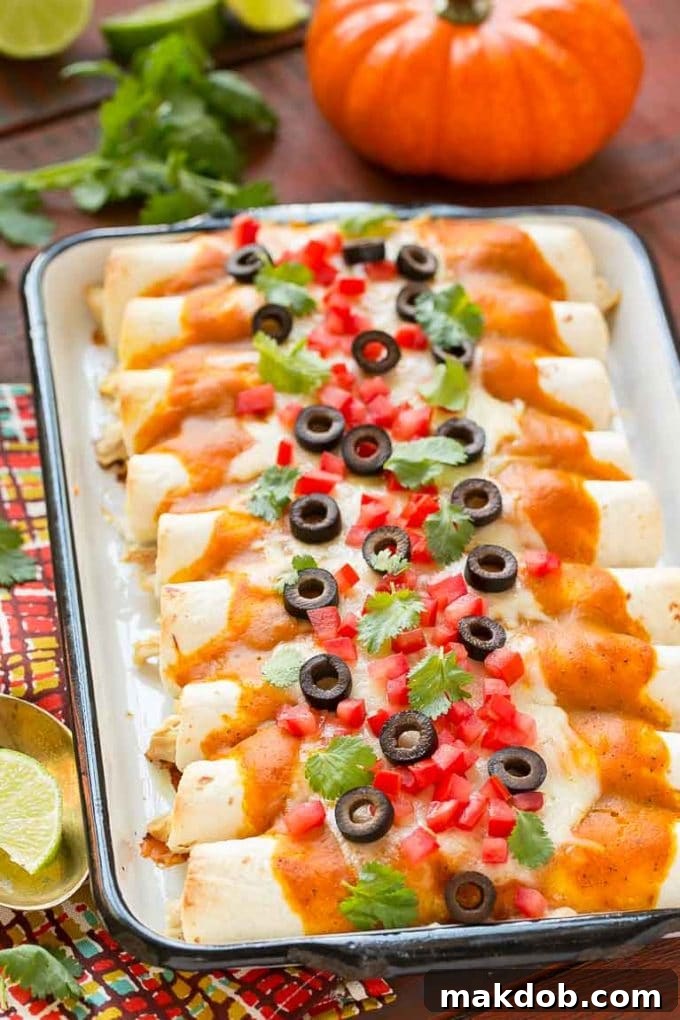 A tray of golden-baked pumpkin enchiladas generously coated in a creamy, savory pumpkin sauce, ready to be served.
