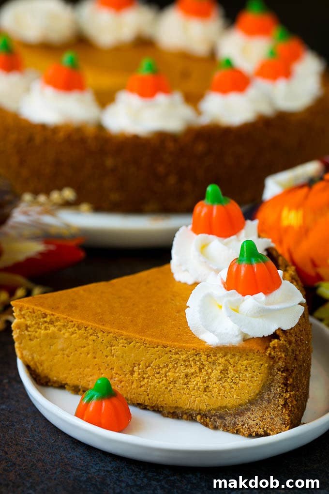 Pumpkin Pie Cheesecake Recipe | Pumpkin Cheesecake #cake #cheesecake #pumpkin #fall #thanksgiving #dessert #dinneratthezoo A beautifully sliced pumpkin pie cheesecake, garnished with fluffy whipped cream and a sprinkle of cinnamon, ready to be served.