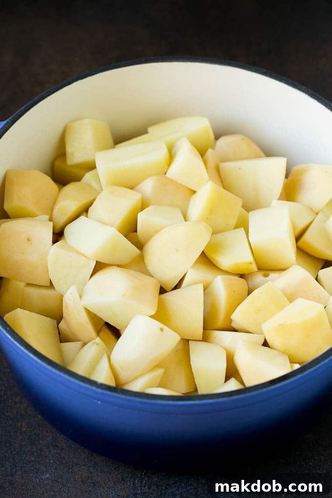 Garlic Mashed Potatoes Recipe #garlic #potatoes #mashedpotatoes #sidedish #dinner #thanksgiving #dinneratthezoo Diced Russet potatoes ready for boiling in a large blue pot, illustrating the first step of preparation.