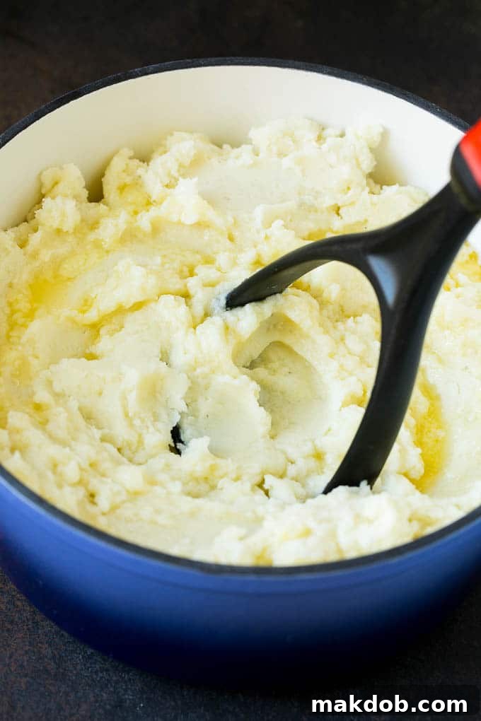 Garlic Mashed Potatoes Recipe #garlic #potatoes #mashedpotatoes #sidedish #dinner #thanksgiving #dinneratthezoo A sturdy potato masher presses down on cooked, diced potatoes in a pot, demonstrating the mashing process.