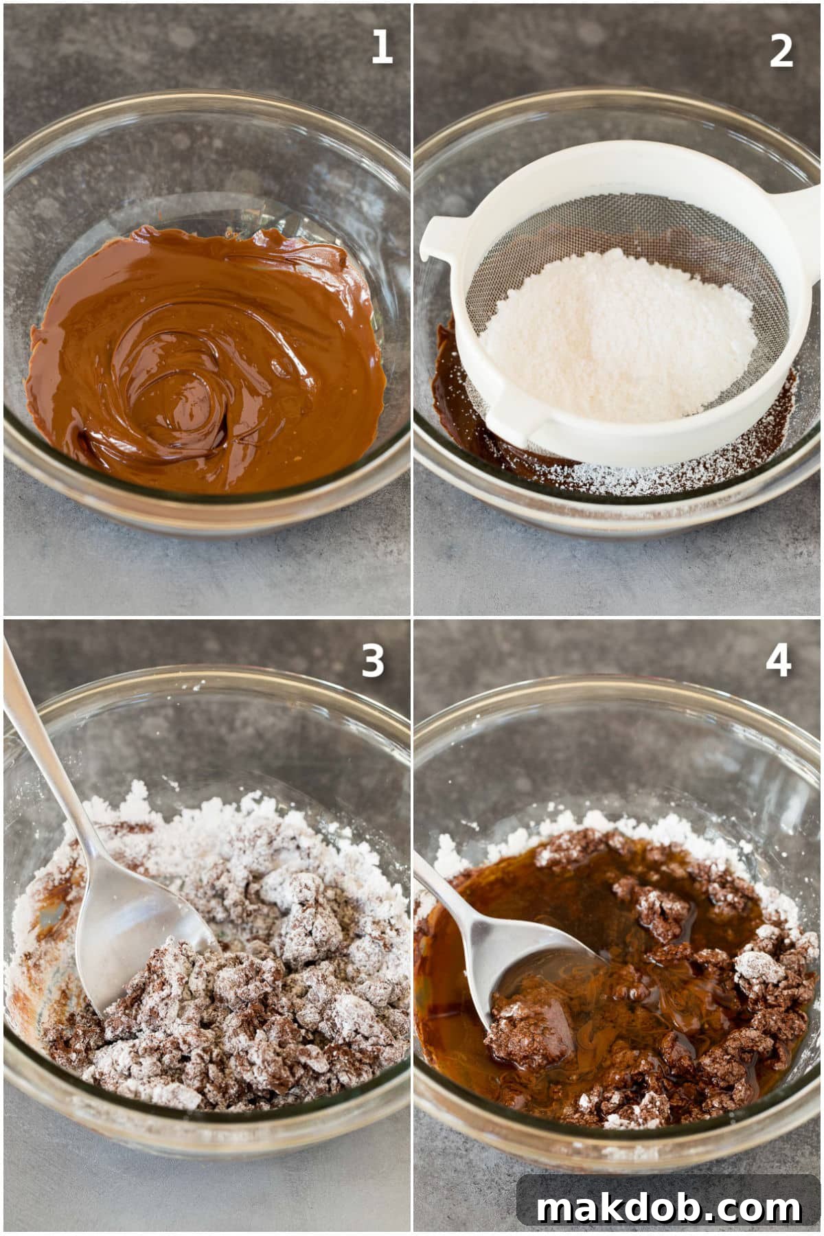 Irresistible Rum Balls 4 Step by step process shots showing melted chocolate being mixed with powdered sugar and other ingredients, demonstrating the ease of preparation.