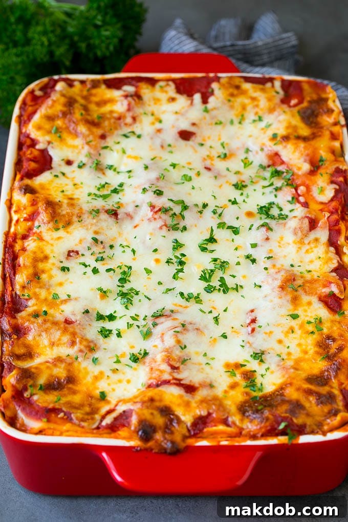 Vegetable Lasagna Recipe | Vegetarian Lasagna #lasagna #vegetarian #veggies #cheese #pasta #dinner #dinneratthezoo A baked vegetarian lasagna, golden brown with melted mozzarella cheese and green parsley garnish on top.
