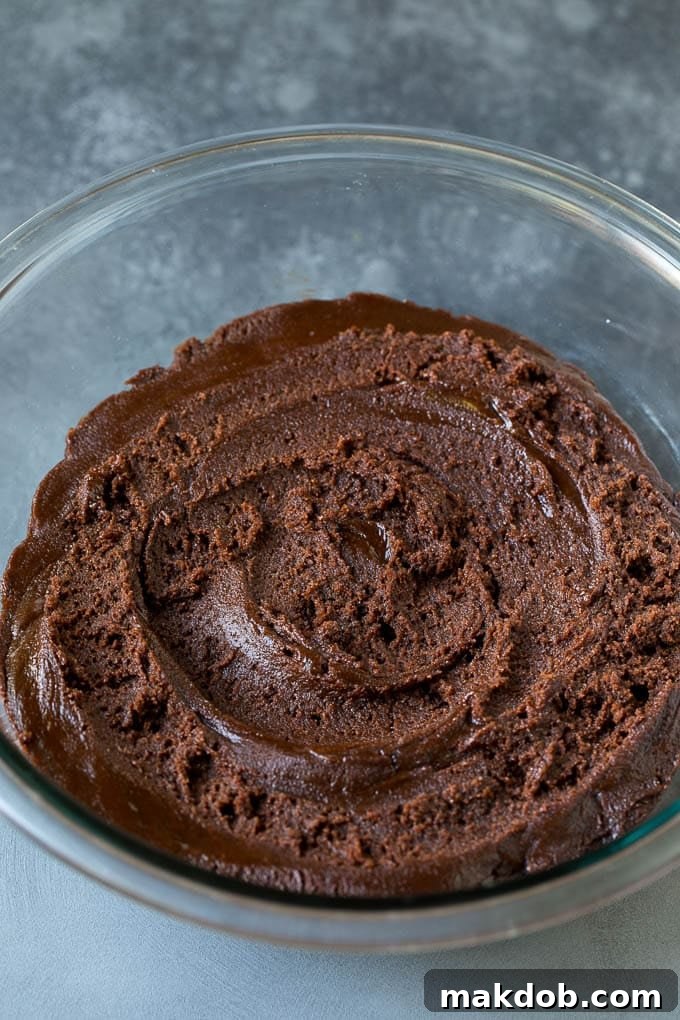 A bowl of rich, dark chocolate cookie dough, ready to be chilled and rolled into crinkle cookies.