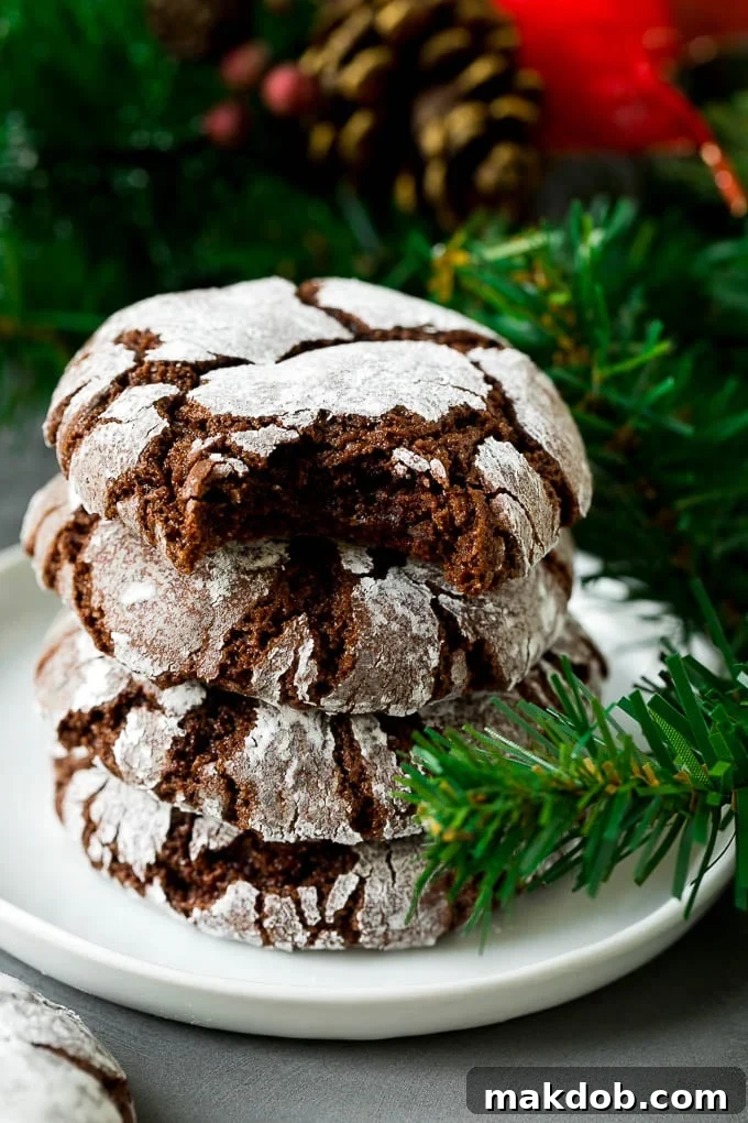 A stack of chocolate crinkle cookies, with one showing a bite taken out, revealing its soft, fudgy interior.