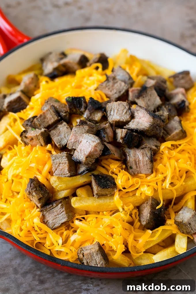 French fries topped with shredded cheese and diced steak, ready for melting and additional toppings.