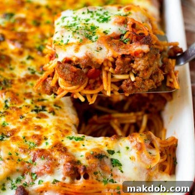 A spatula holding up a serving of baked spaghetti.