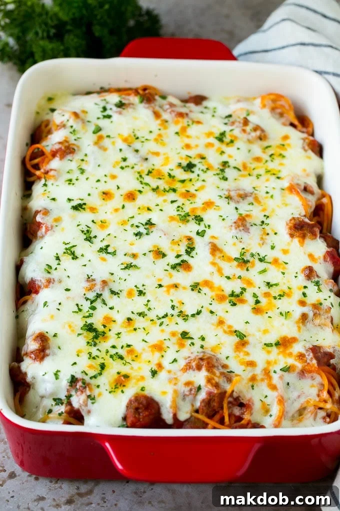 Golden Baked Spaghetti Casserole Baked spaghetti casserole with a golden, bubbly cheese crust, fresh out of the oven.