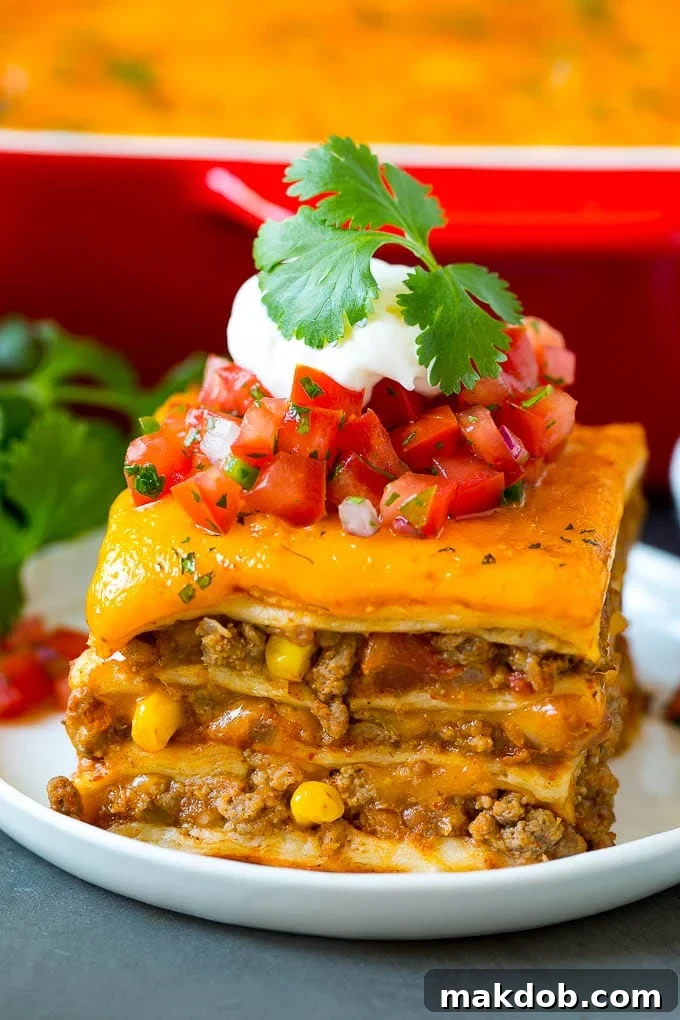 Mexican Lasagna Recipe | Mexican Casserole #mexican #lasagna #groundbeef #beans #dinner #cheese #dinneratthezoo A slice of Mexican lasagna made with layers of cheese, tortillas and meat.