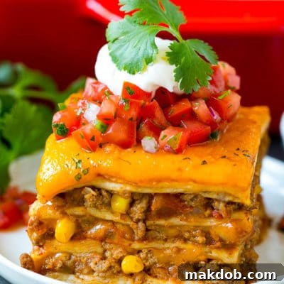 Fiesta Lasagna 2 A slice of Mexican lasagna made with layers of cheese, tortillas and meat.