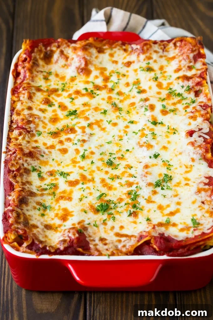 Spinach Lasagna Recipe | Vegetarian Lasagna #lasagna #spinach #cheese #pasta #italianfood #dinner #dinneratthezoo A baked lasagna topped with melted cheese and chopped parsley.