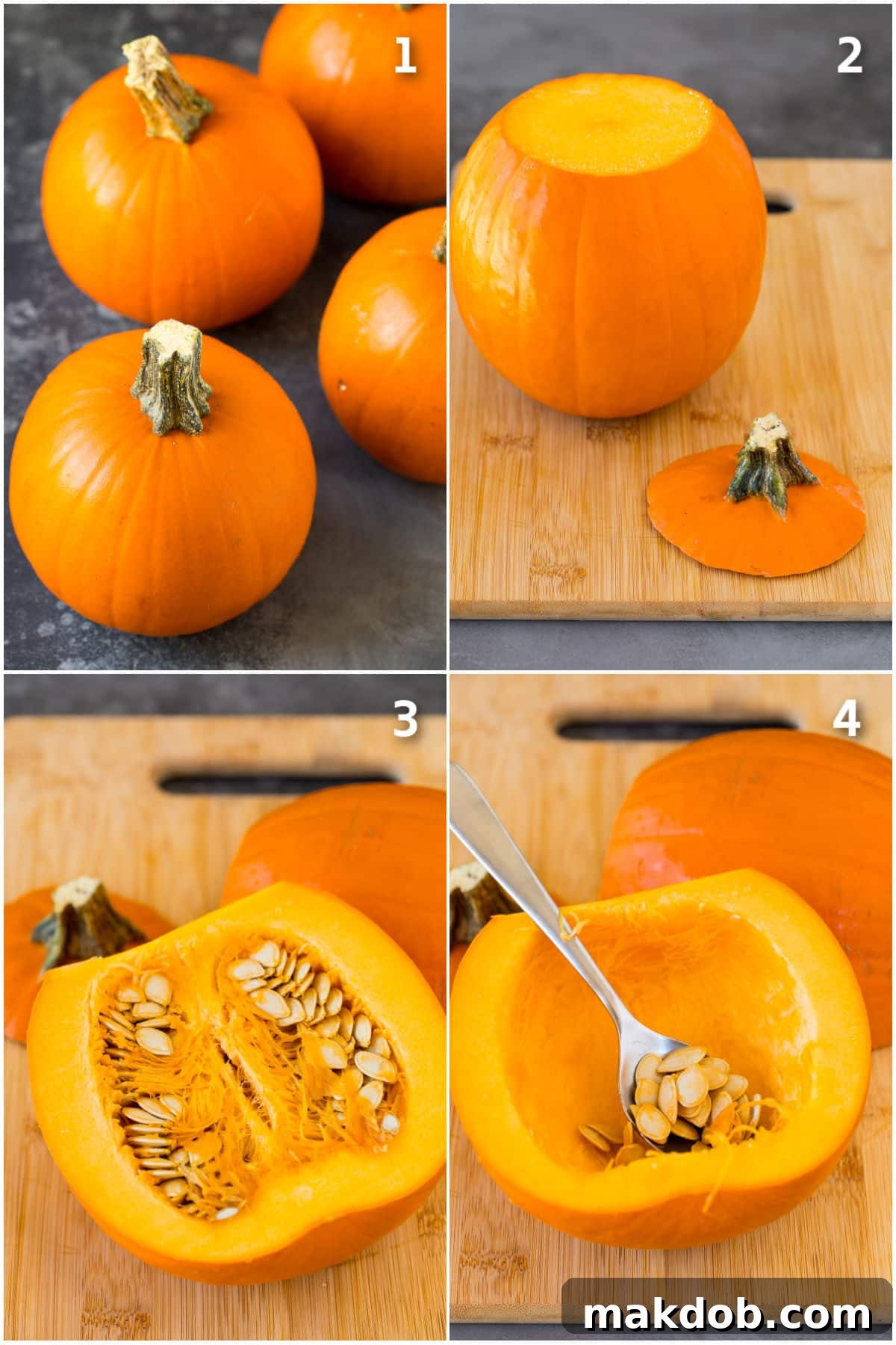 A collage of step-by-step photos illustrating how to properly cut, clean, and prepare a pumpkin for roasting, ensuring perfect wedges.