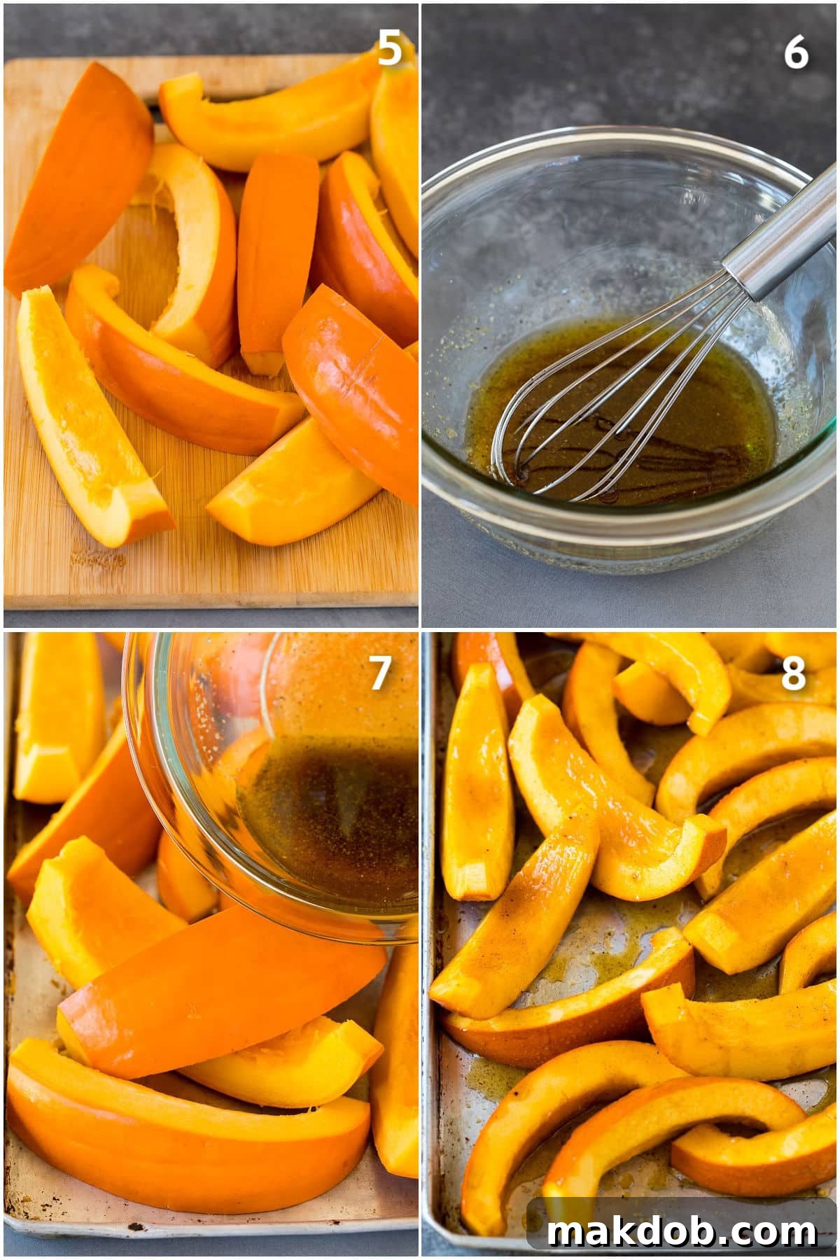 A series of process shots depicting pumpkin wedges being coated in the olive oil and seasoning mixture, ready for roasting.