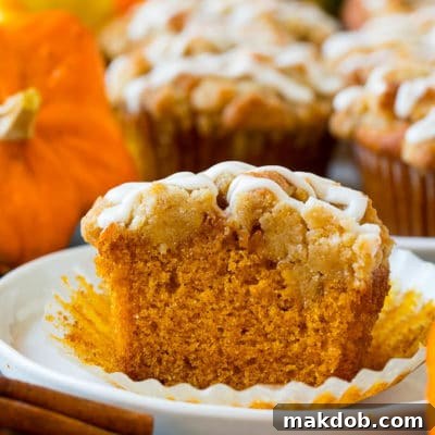 Spiced Pumpkin Muffins with Brown Sugar Crumble 2 Pumpkin muffins topped with brown sugar streusel and vanilla glaze.