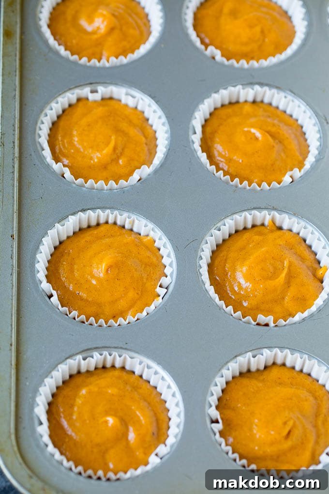Muffin Batter in Pan Prepared pumpkin muffin batter poured into a baking tin, ready for topping and baking.