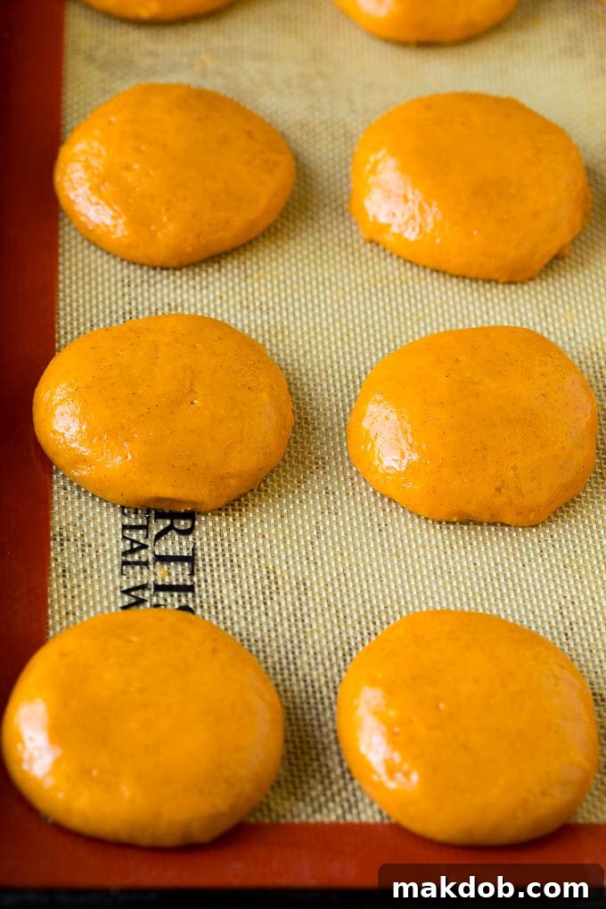 Carefully portioned pumpkin cookie dough awaits the oven, promising a delightful fall treat. Rounds of pumpkin cookie dough perfectly spaced on a parchment-lined sheet pan, ready for baking.