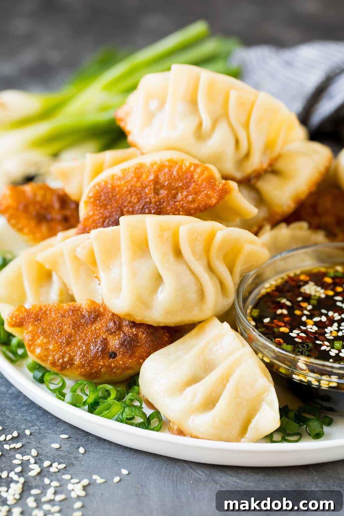 Crispy Bottom Potstickers 2 A plate of golden brown potstickers served with a side of dipping sauce, garnished with green onions.