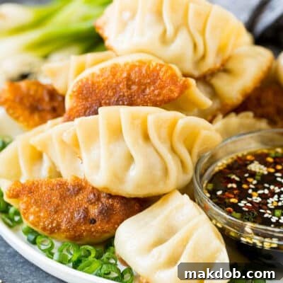 A plate of potstickers served with dipping sauce, showcasing their golden-brown bottoms and tender texture.