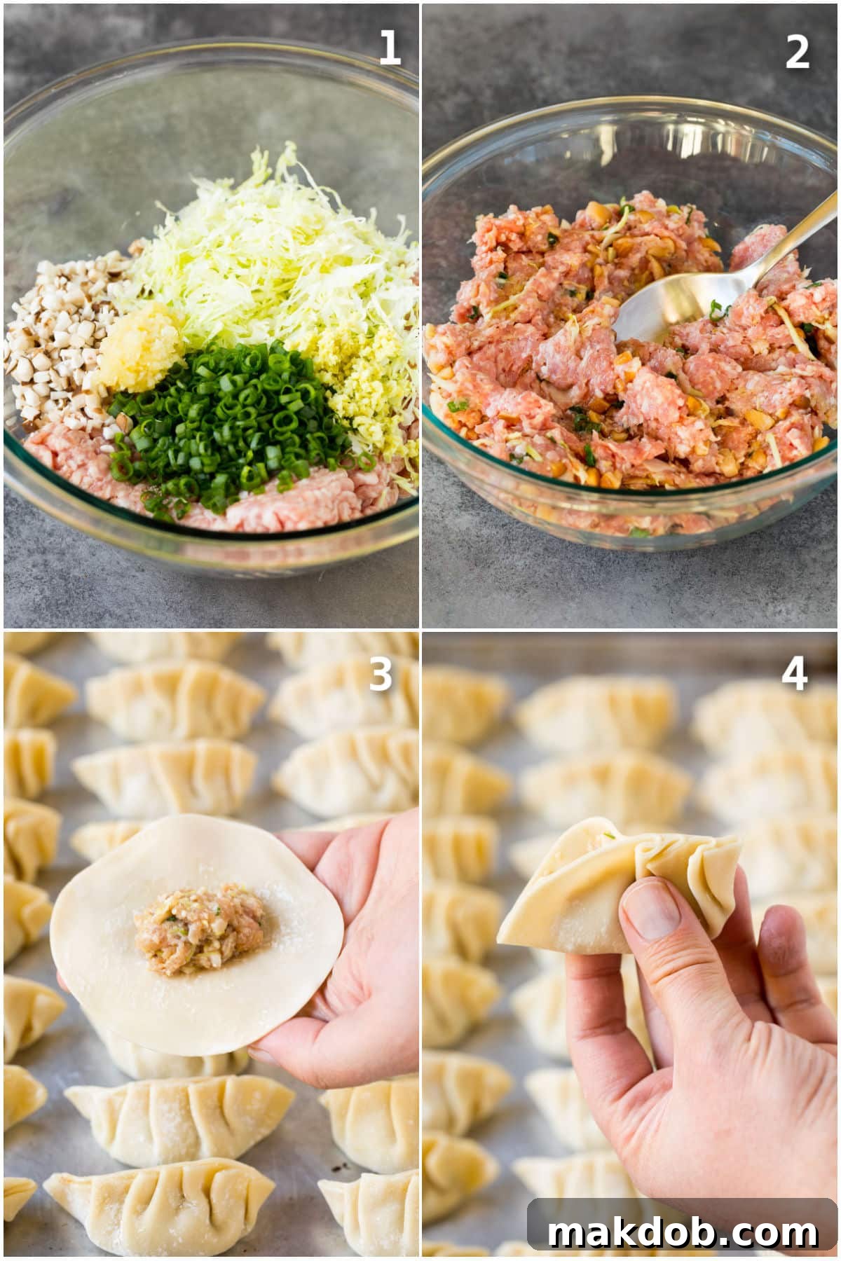 Crispy Bottom Potstickers 4 Step by step photos illustrating the process of preparing potsticker filling and how to stuff and fold dumpling wrappers.