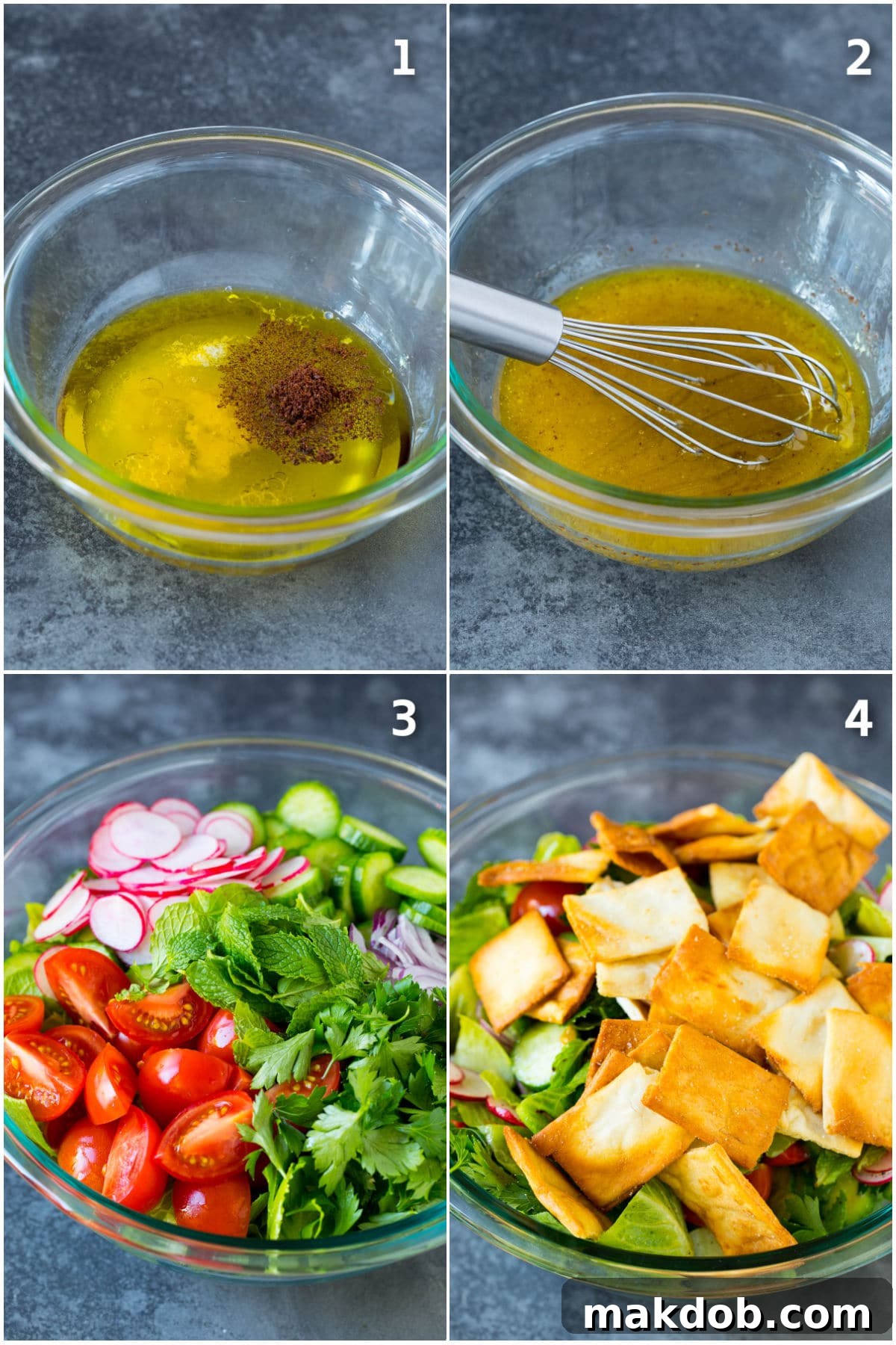 A visual collage illustrating the step-by-step process of preparing Fattoush salad, from mixing the dressing to assembling the fresh ingredients.