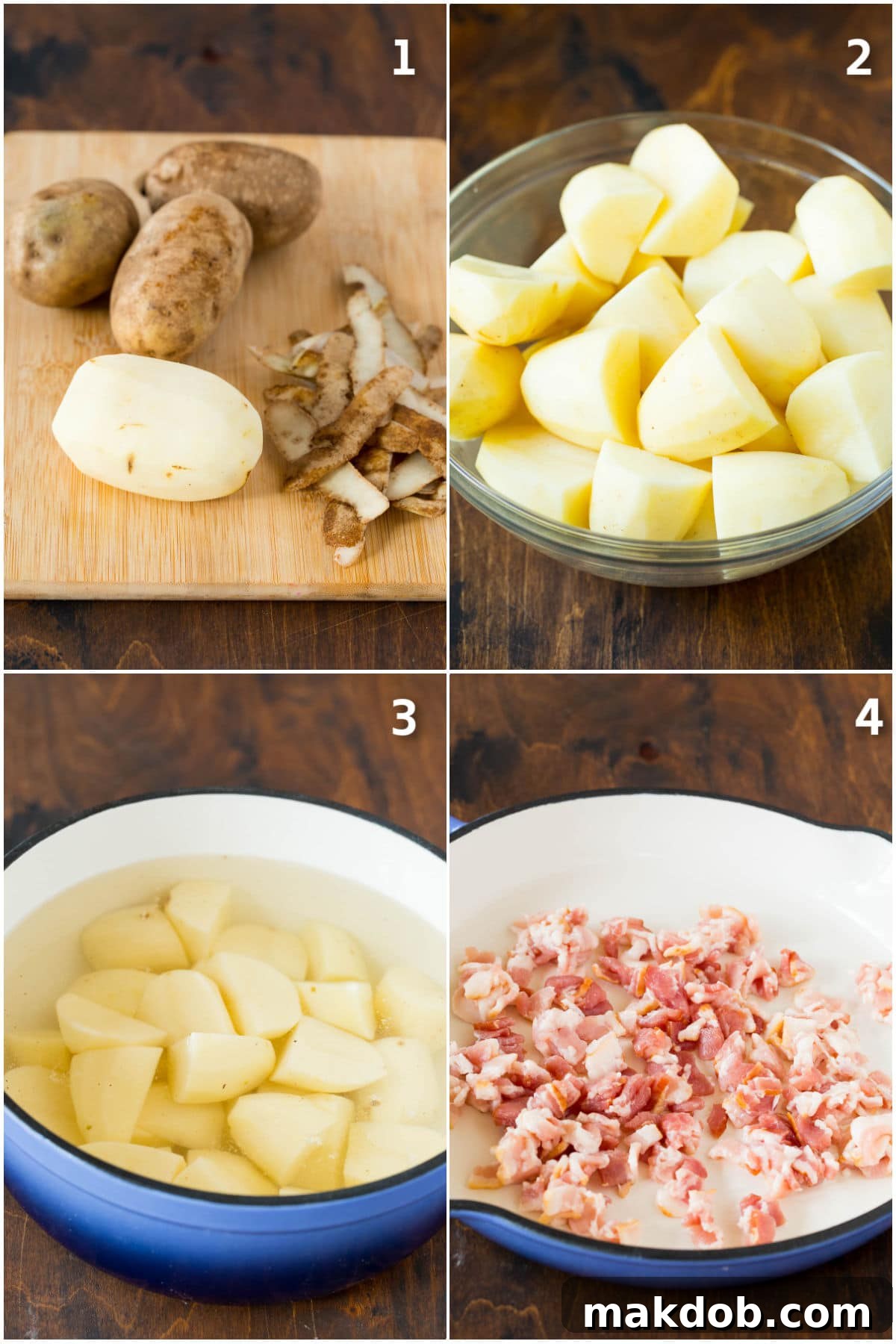 Hearty Irish Colcannon 2 Process shots of potatoes being peeled and boiled, and bacon in a pan.