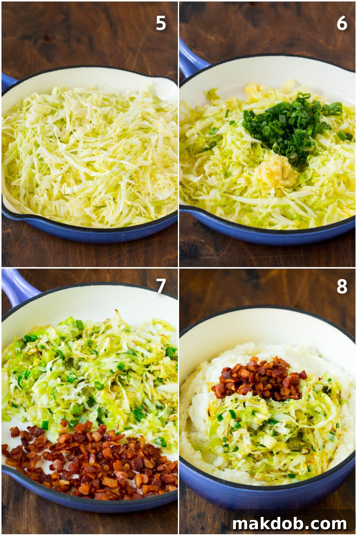 Colcannon Recipe | Mashed Potatoes #potatoes #cabbage #bacon #sidedish #stpatricksday #dinner #dinneratthezoo Process shots of cabbage being cooked and added to potatoes with bacon.