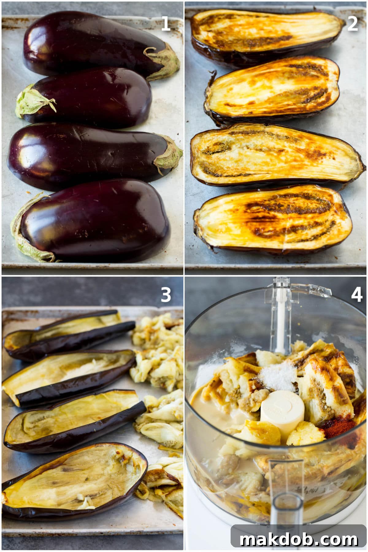 Process shots showing how to roast and puree eggplant.