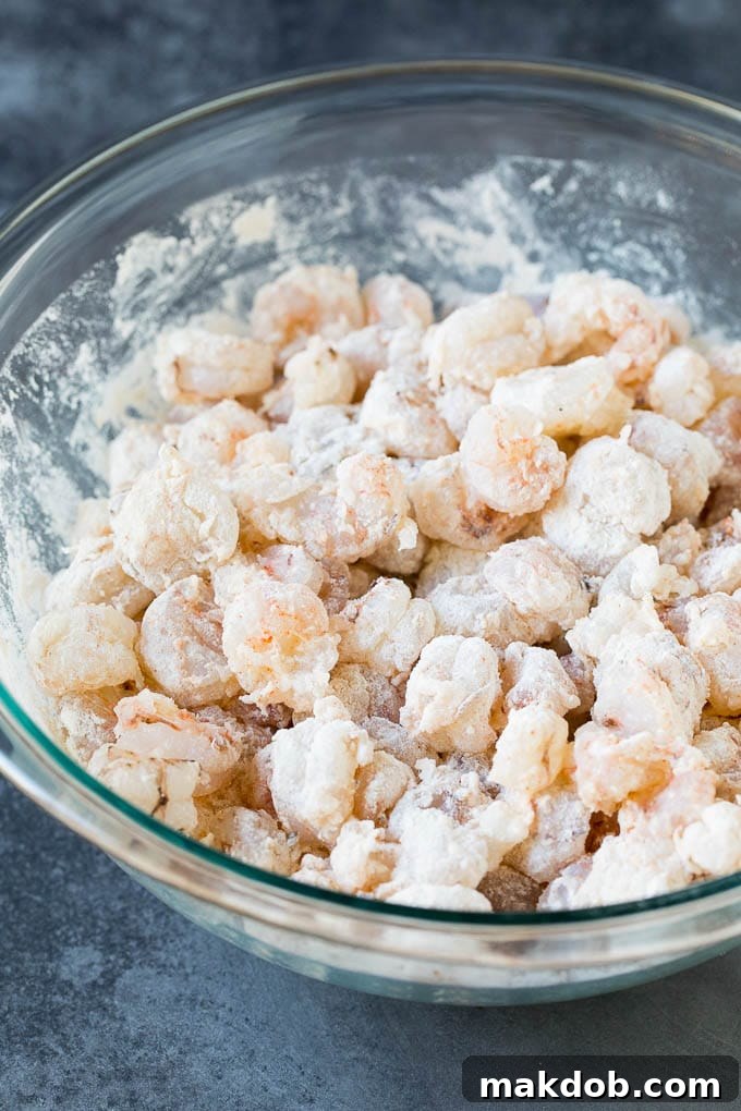 Shrimp coated in seasoned flour.