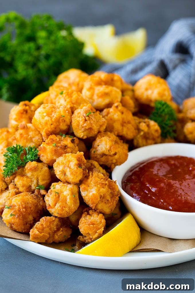 A plate of popcorn shrimp served with cocktail sauce.