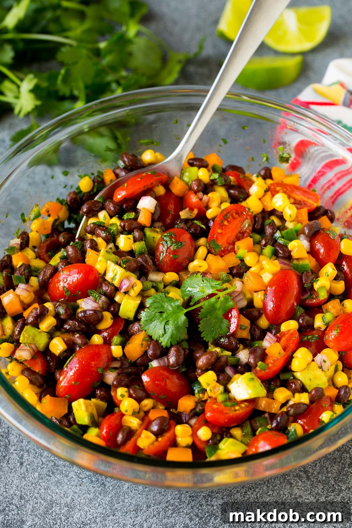 Southwestern Black Bean Medley 2 A bowl of black bean salad with a serving spoon in it, showcasing its vibrant colors and fresh ingredients.