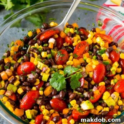 Southwestern Black Bean Medley 8 A bowl of black bean salad with a serving spoon in it.