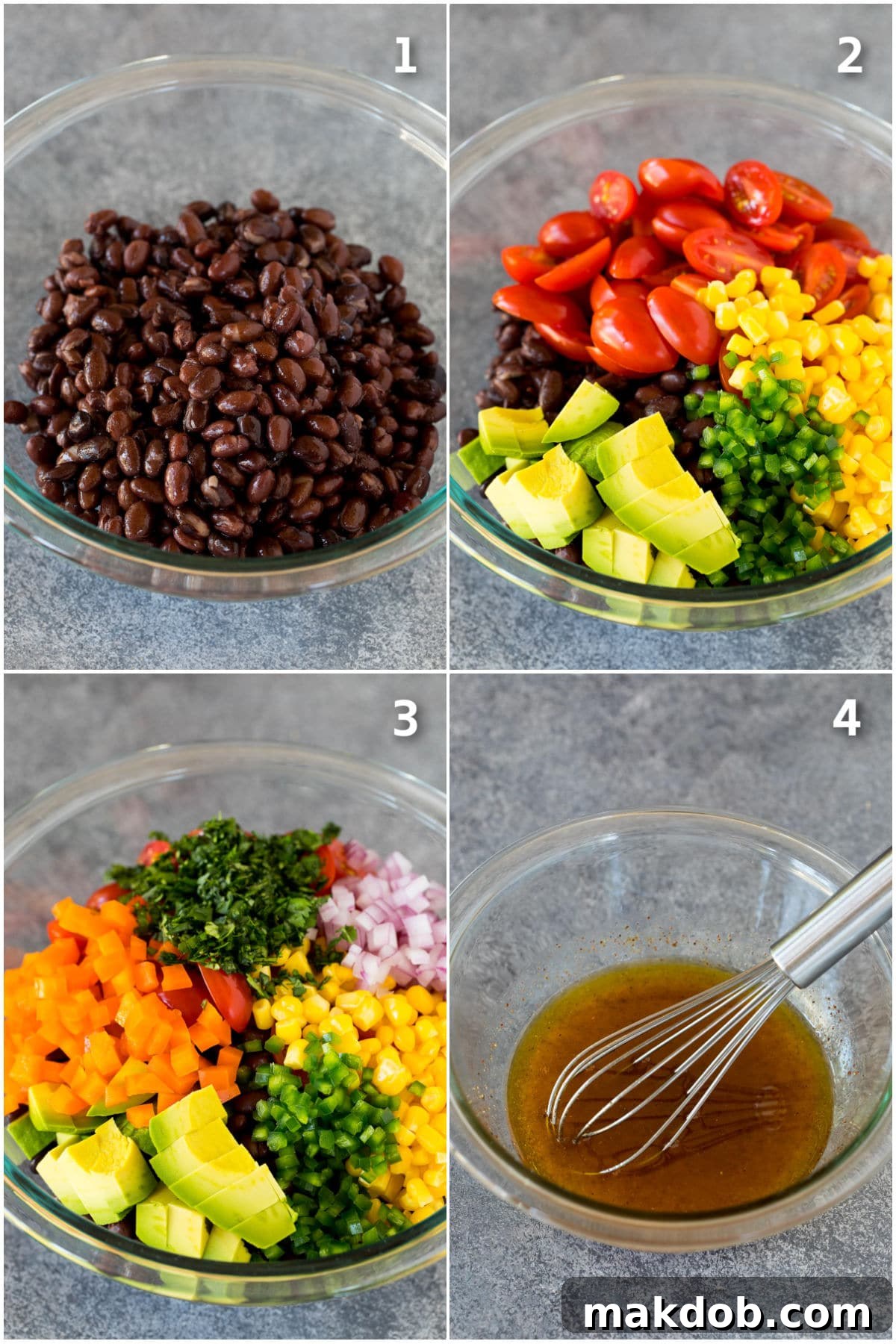 Southwestern Black Bean Medley 5 A collage of step-by-step photos illustrating the process of making black bean salad, from preparing ingredients to mixing the final dish.