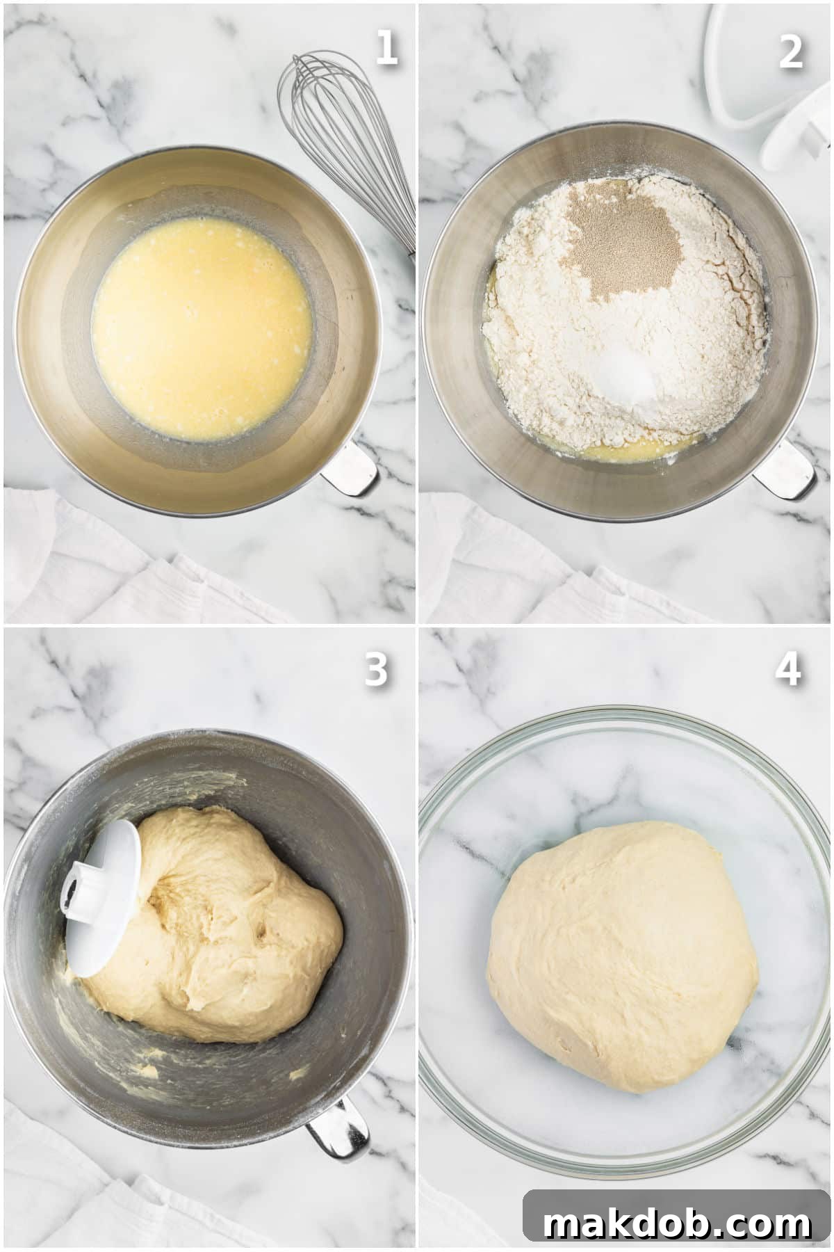 Process shots showing how to combine ingredients, knead dough, and prepare for the first rise in making bread dough for dinner rolls.