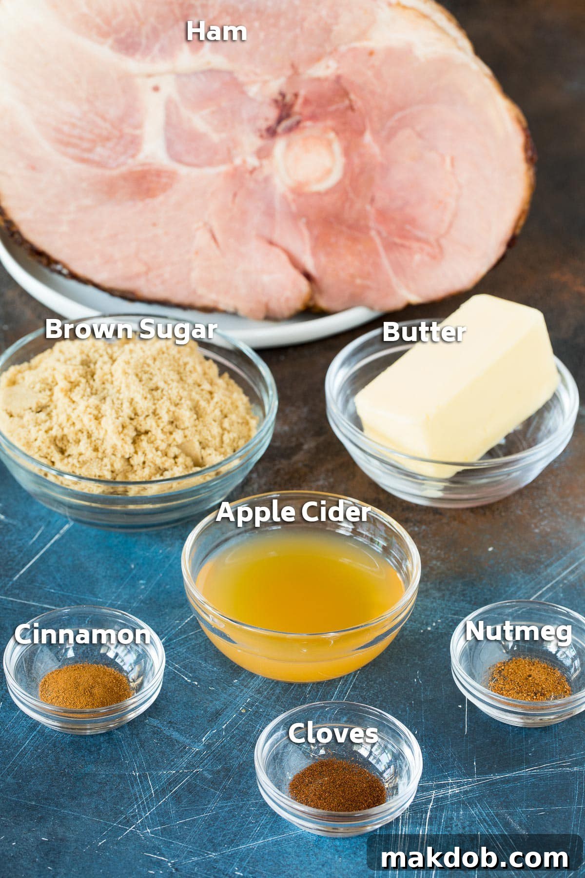 The Secret to a Succulent Ham 3 Ingredients including ham, brown sugar, butter and spices.