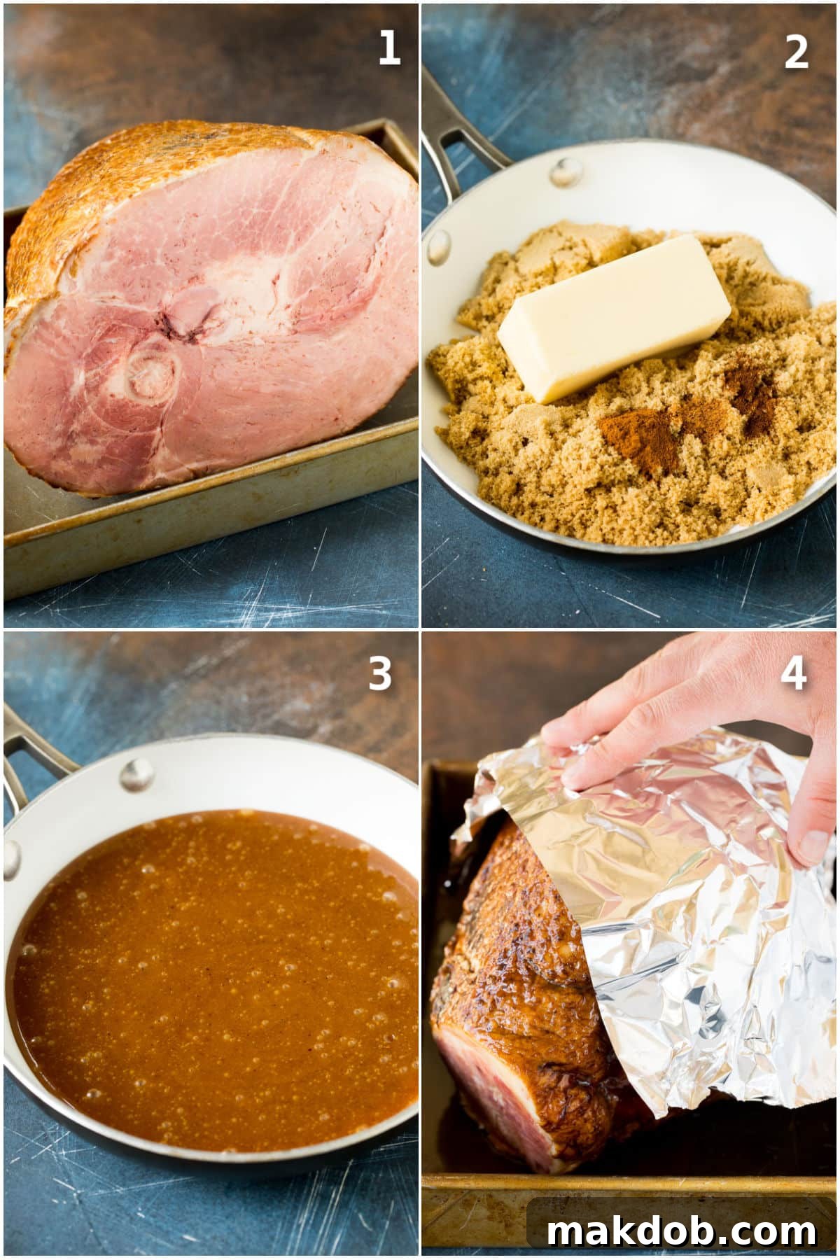 The Secret to a Succulent Ham 4 Step by step shots showing how to cook a ham.