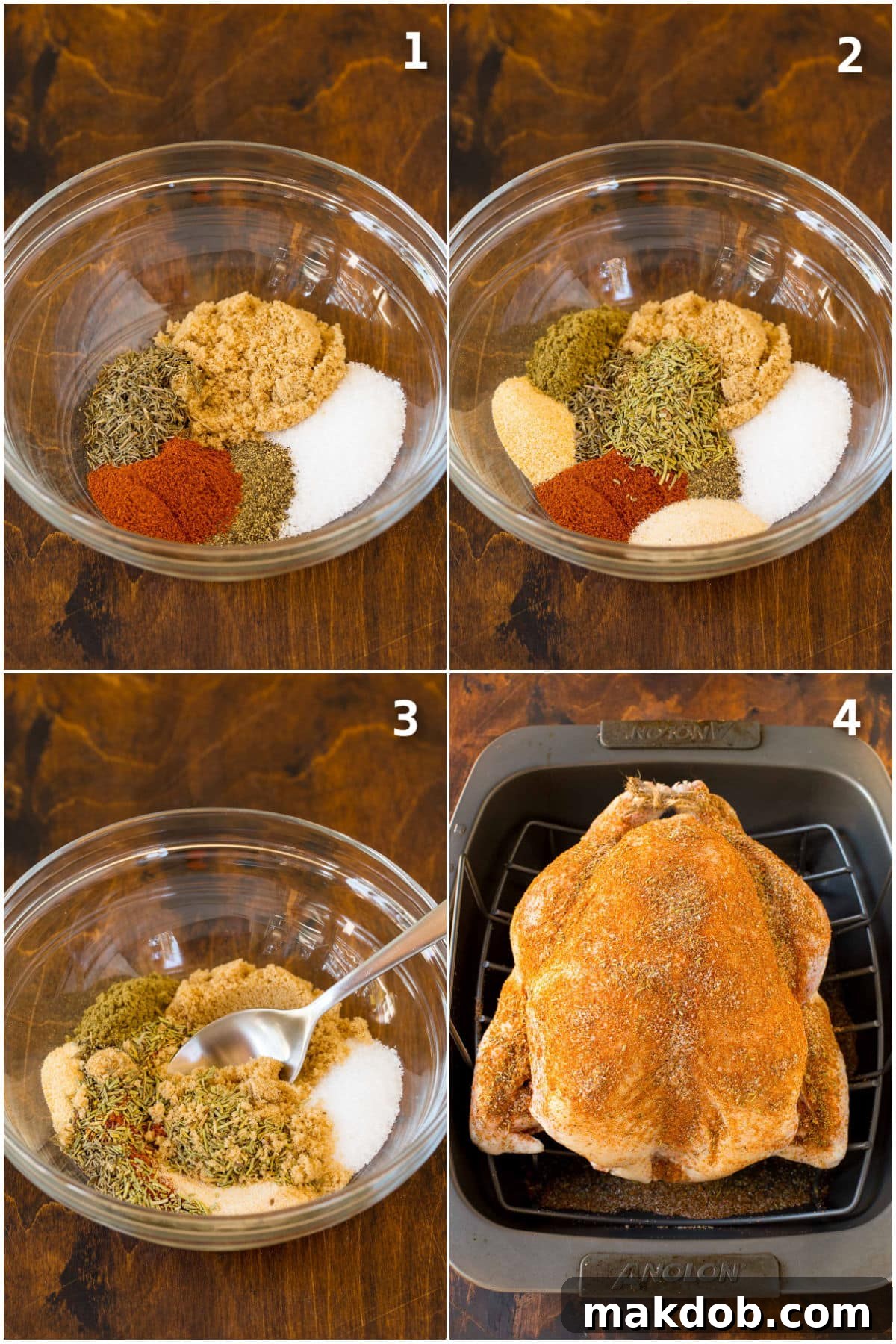 Ultimate Turkey Rub 4 A visual guide demonstrating the simple process of combining various salts, sugars, herbs, and spices in a bowl to create a homemade turkey rub.
