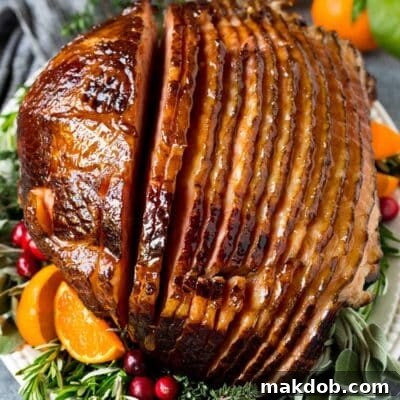 Baked ham coated in glaze, served on a platter with herbs and fruit.
