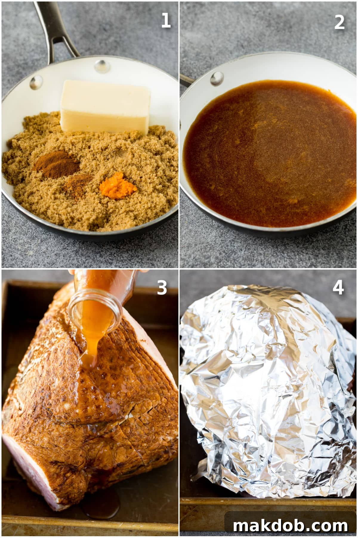 Step by step shots showing how to make ham glaze and bake a ham.