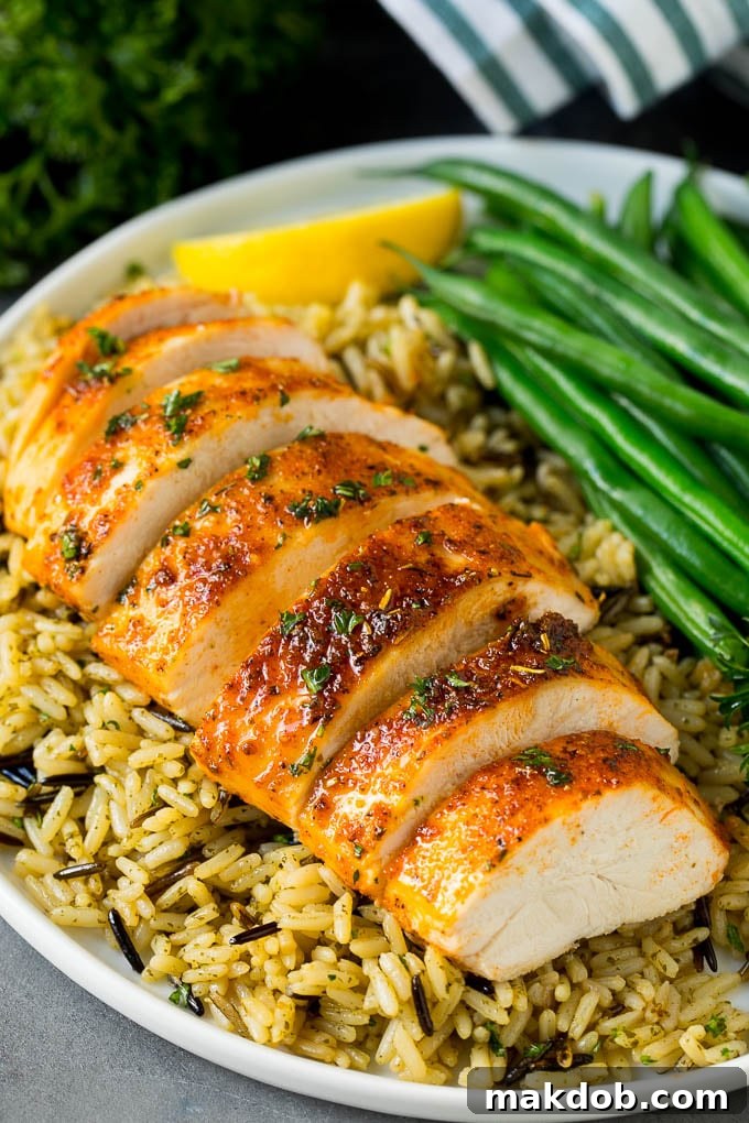 Baked chicken breast served with rice and green beans.