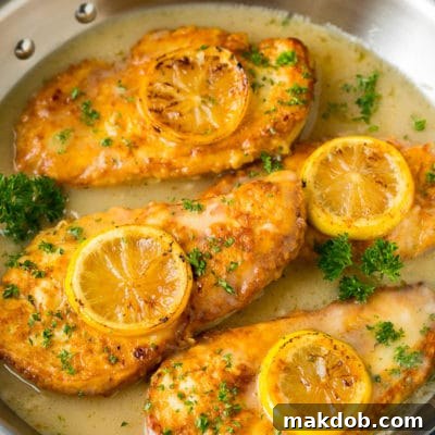 Chicken francese in a white wine sauce, garnished with lemon slices.