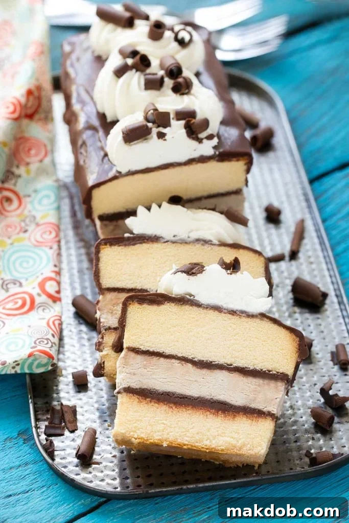 Decadent Tiramisu Ice Cream Cake layers no-churn coffee ice cream, cake, and chocolate for an irresistible frozen dessert, perfect for any occasion. #TiramisuIceCreamCake #NoChurnIceCream #CoffeeDessert #ChocolateCake