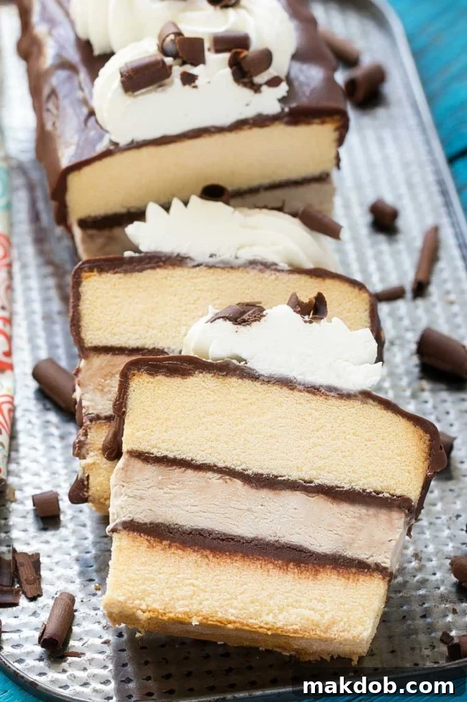Assembly of Tiramisu Ice Cream Cake: pound cake, ganache, and coffee ice cream layers. #DessertAssembly #LayerCake #SweetTreat