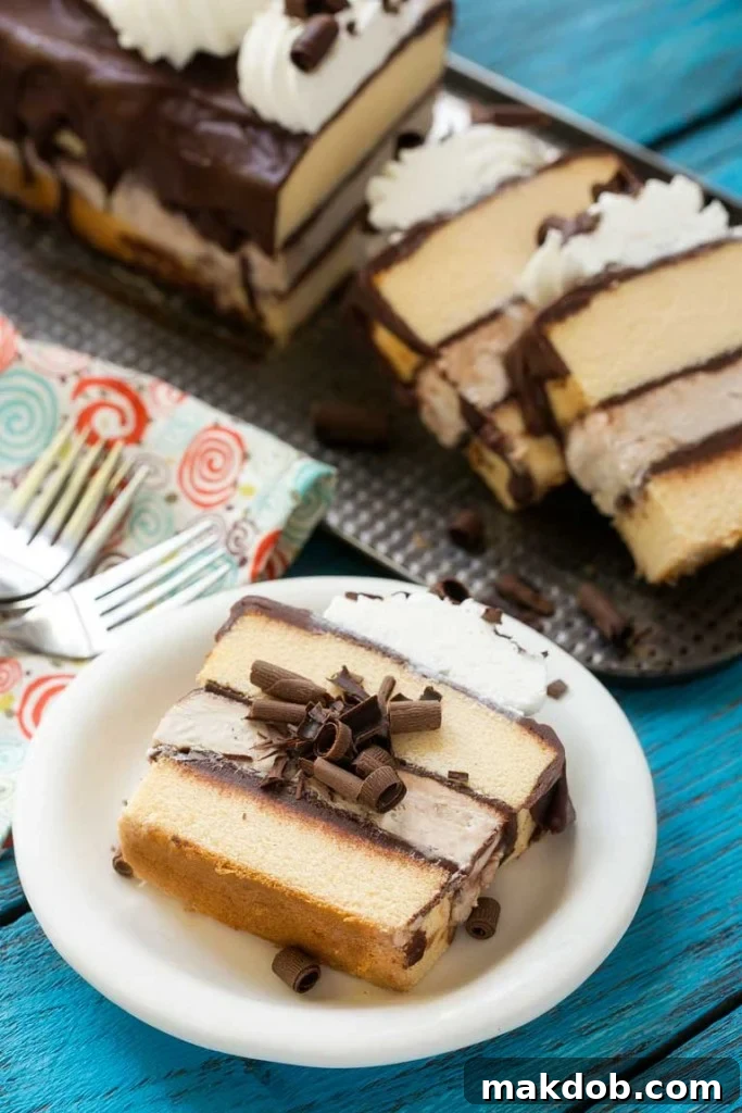 Beautifully decorated Tiramisu Ice Cream Cake with whipped cream swirls and chocolate curls. #DecoratedCake #DessertPerfection #PartyDessert