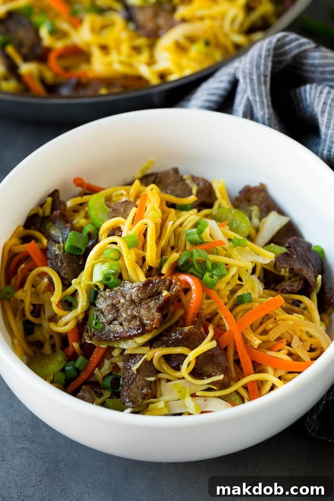 Delicious Beef Chow Mein with Green Onion Garnish A generous bowl of homemade beef chow mein topped with fresh sliced green onions.