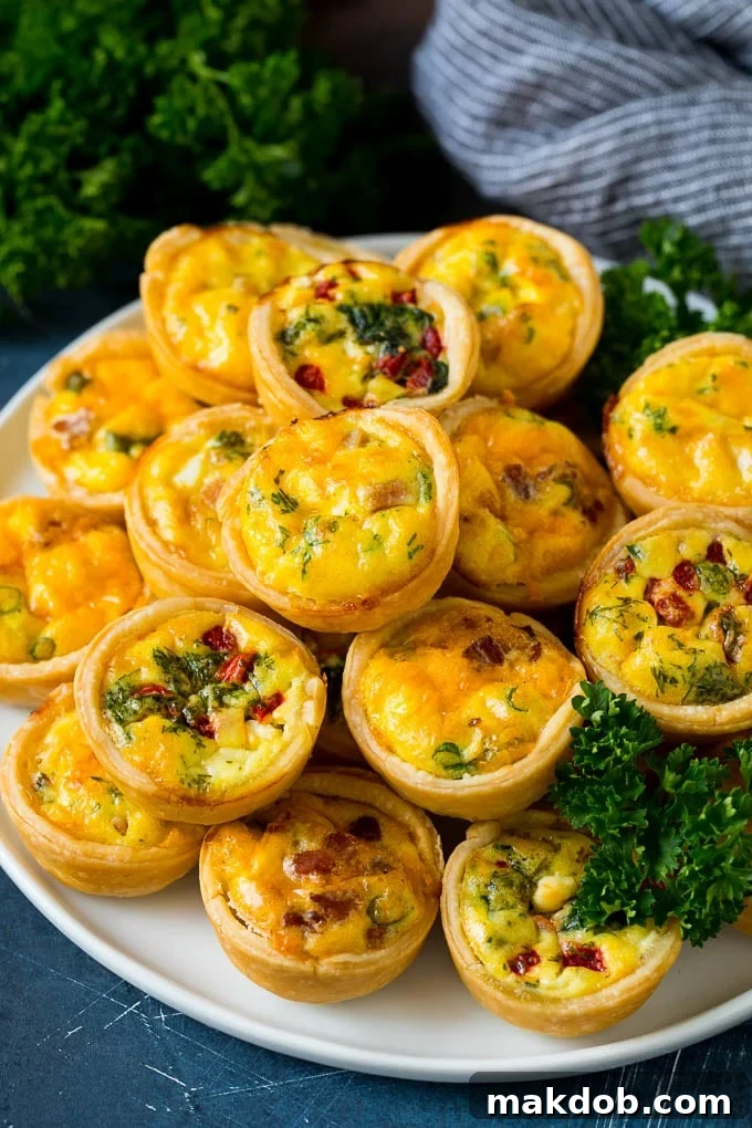 Mini Quiche Recipe #eggs #breakfast #brunch #appetizer #dinneratthezoo A beautifully arranged plate of golden-brown mini quiches, showcasing their various fillings of meats, vegetables, and cheeses.