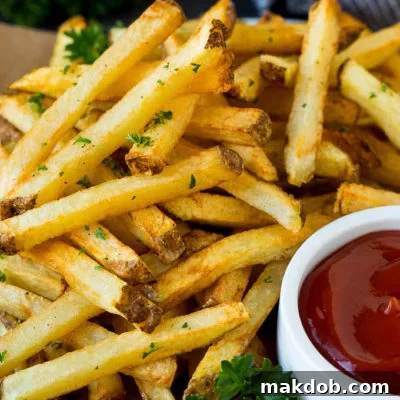 A plate of homemade French fries served with a bowl of ketchup, ready to be enjoyed.