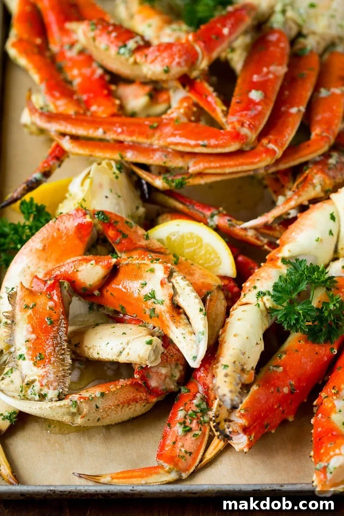 A tray of crab legs seasoned with garlic and herbs.