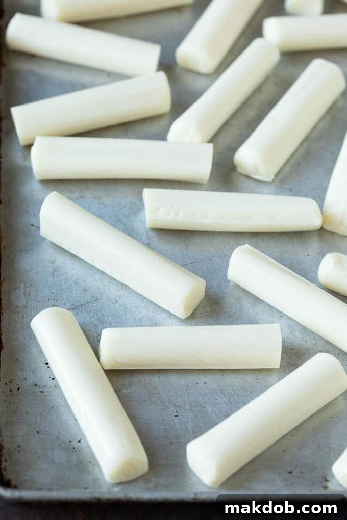 Cheese sticks on a sheet pan.